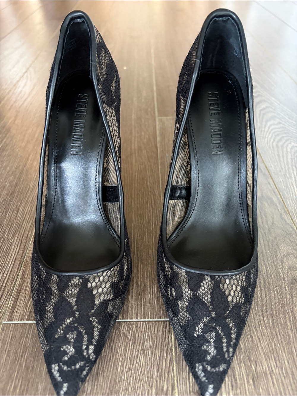 Steve Madden Black Lace Pointed Pumps with Nude Underlay